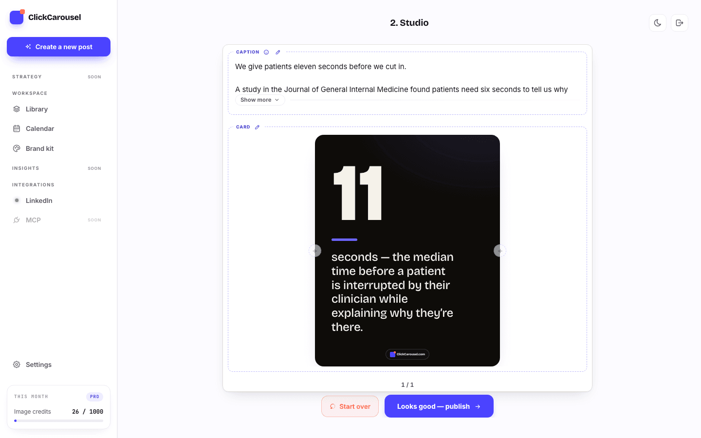 A card being built in the ClickCarousel studio by a doctor